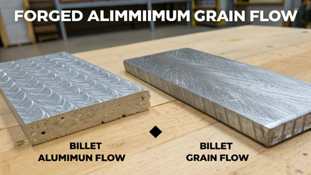 A diagram showing grain flow in a forged part flowing smoothly around a corner, versus a billet part where the grain is cut off abruptly.